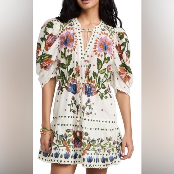 Farm Rio Summer Garden Cotton Mini Dress embroidered ivory - Picture 1 of 8